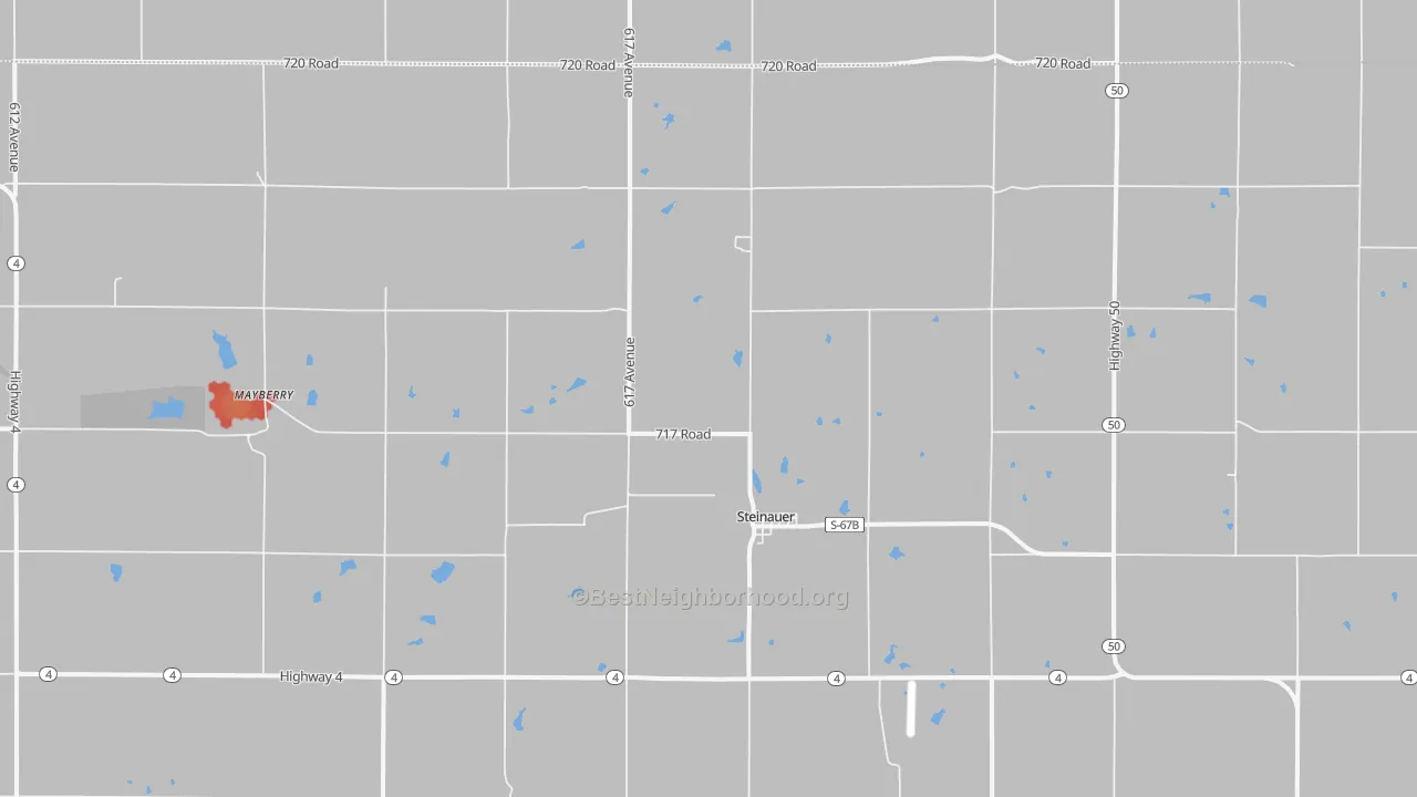 Walk Grade map of 68441, NE, walkable areas in green and car-dependent areas in red