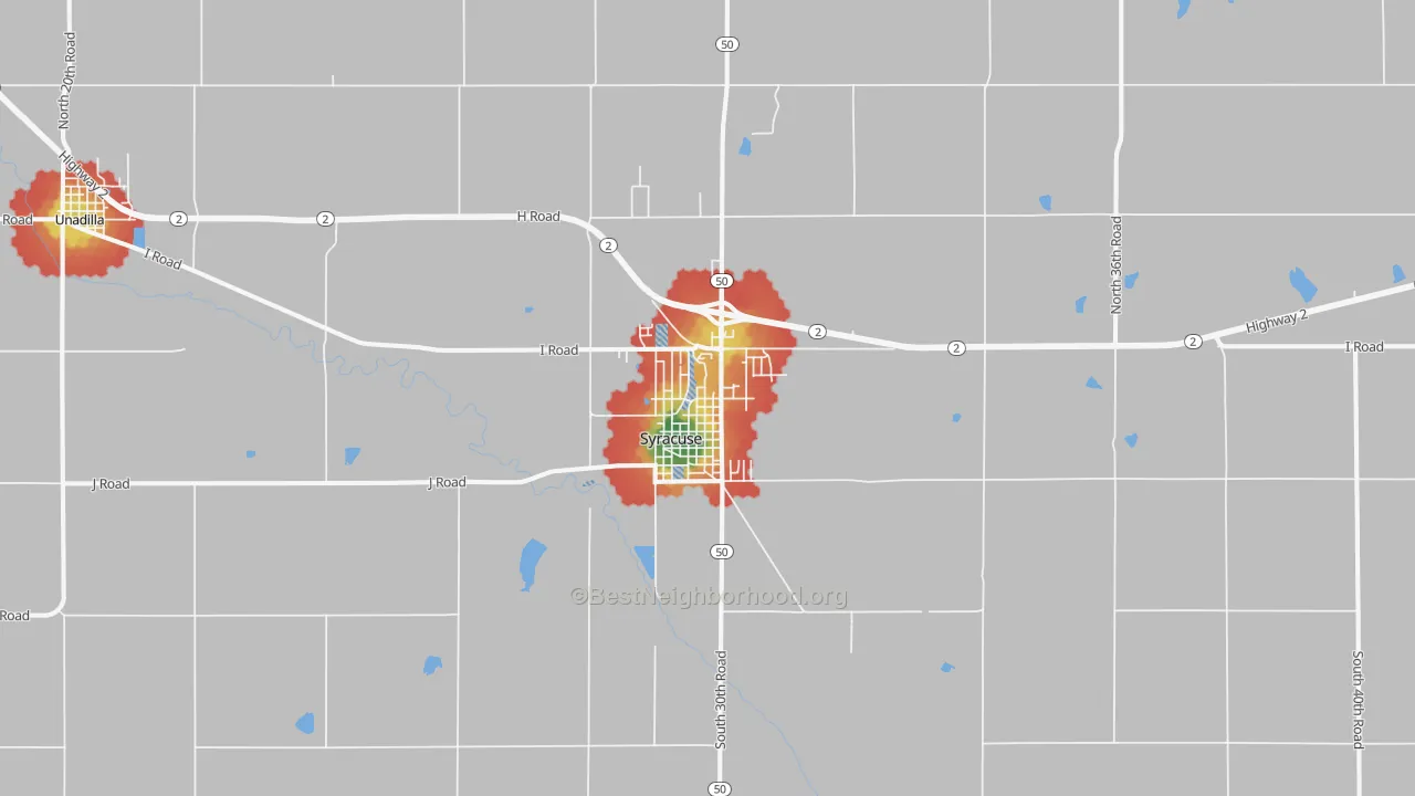 Walk Grade map of 68446, NE, walkable areas in green and car-dependent areas in red