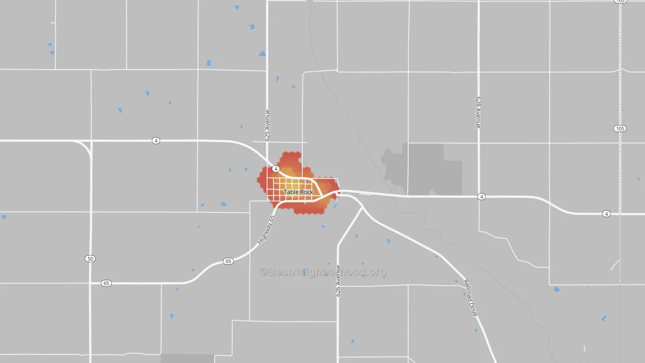 Walk Grade map of 68447, NE, walkable areas in green and car-dependent areas in red