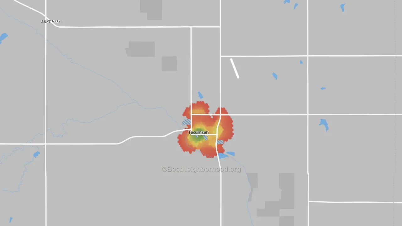 Walk Grade map of 68450, NE, walkable areas in green and car-dependent areas in red