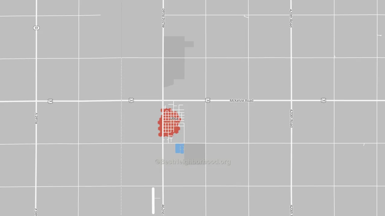 Walk Grade map of 68456, NE, walkable areas in green and car-dependent areas in red