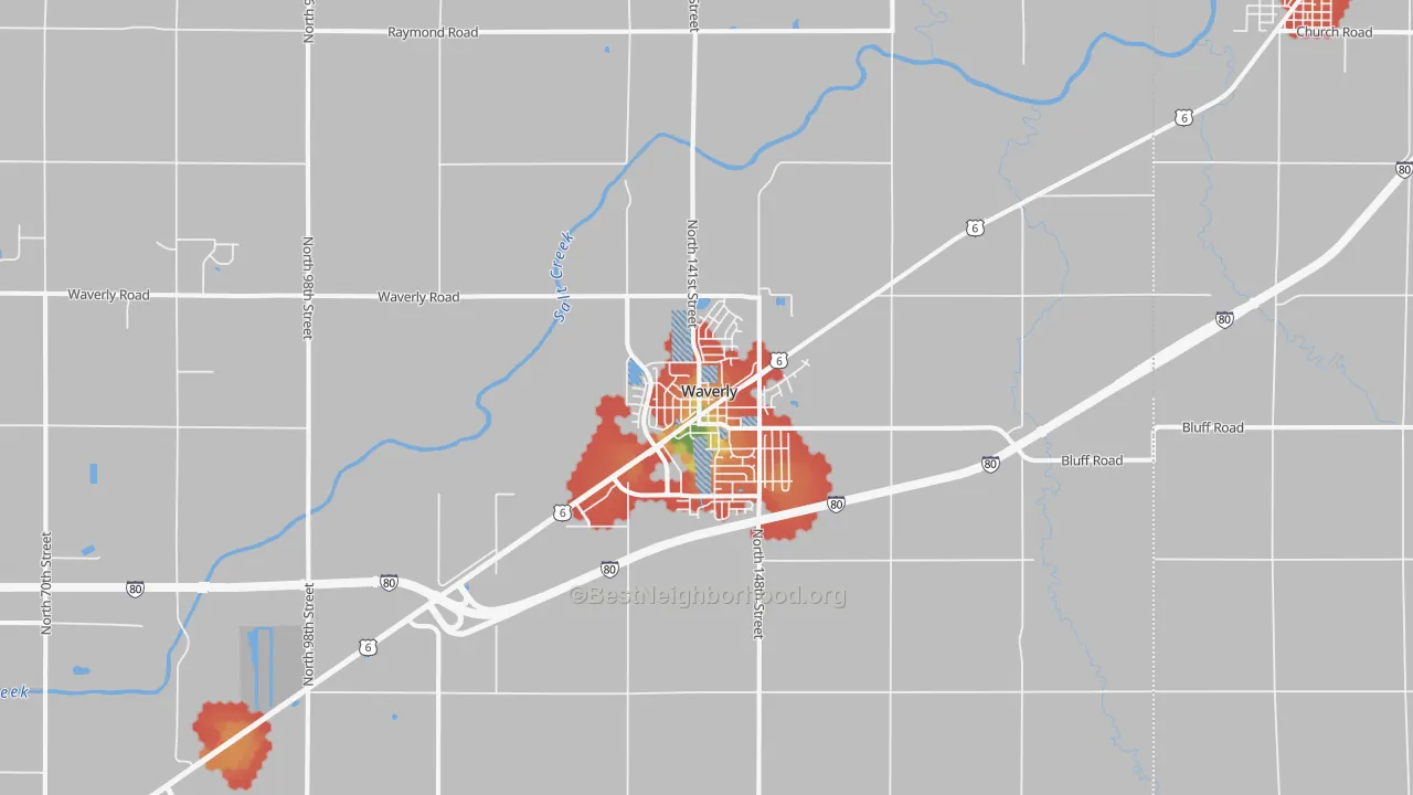 Walk Grade map of 68462, NE, walkable areas in green and car-dependent areas in red