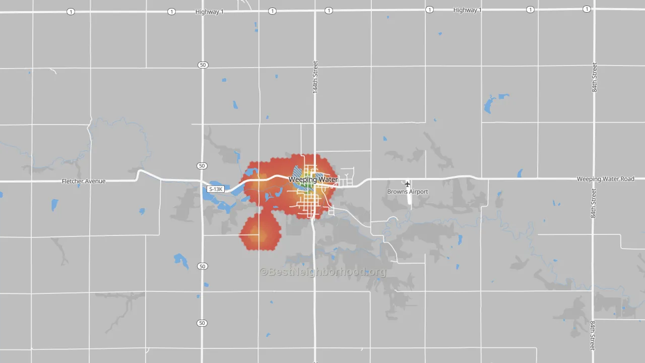 Walk Grade map of 68463, NE, walkable areas in green and car-dependent areas in red