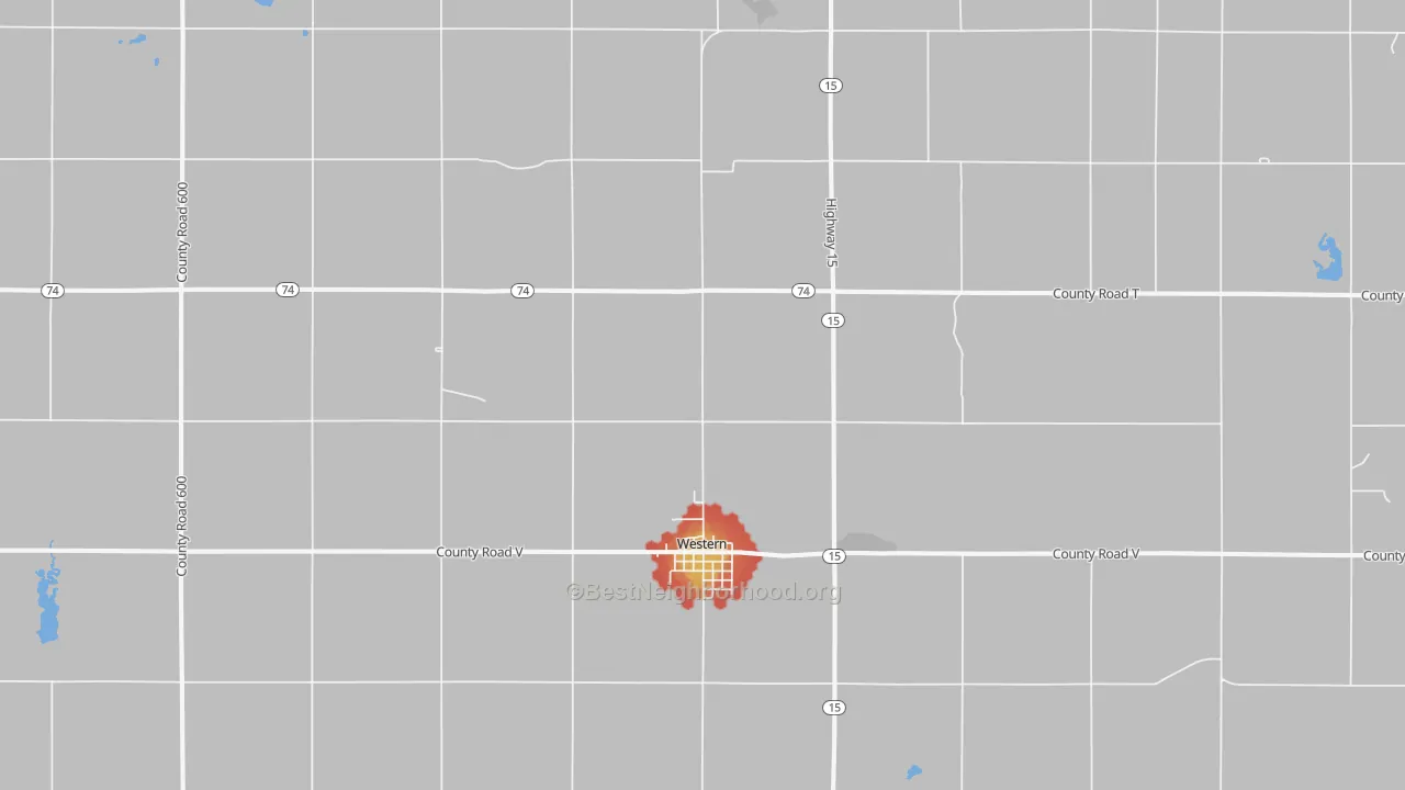 Walk Grade map of 68464, NE, walkable areas in green and car-dependent areas in red