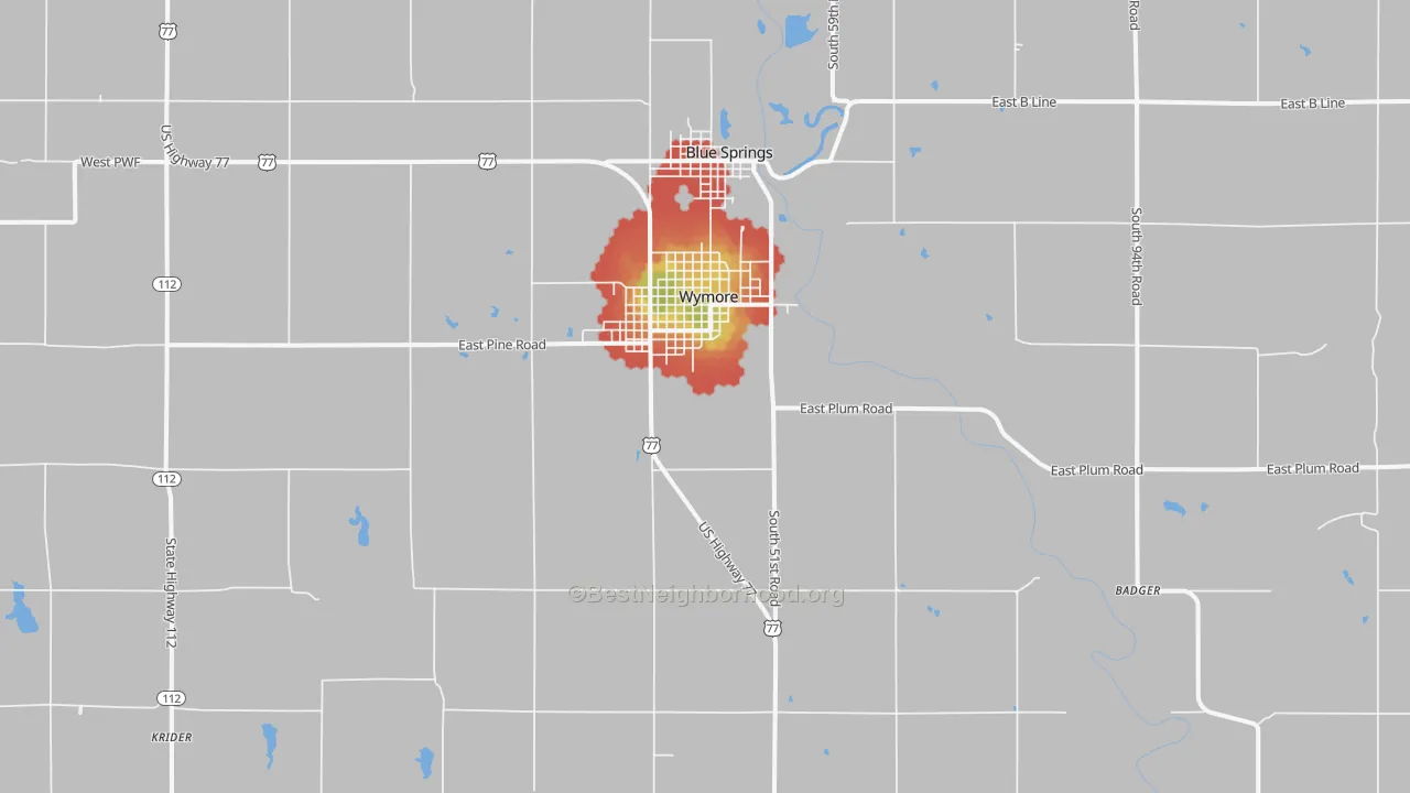 Walk Grade map of 68466, NE, walkable areas in green and car-dependent areas in red