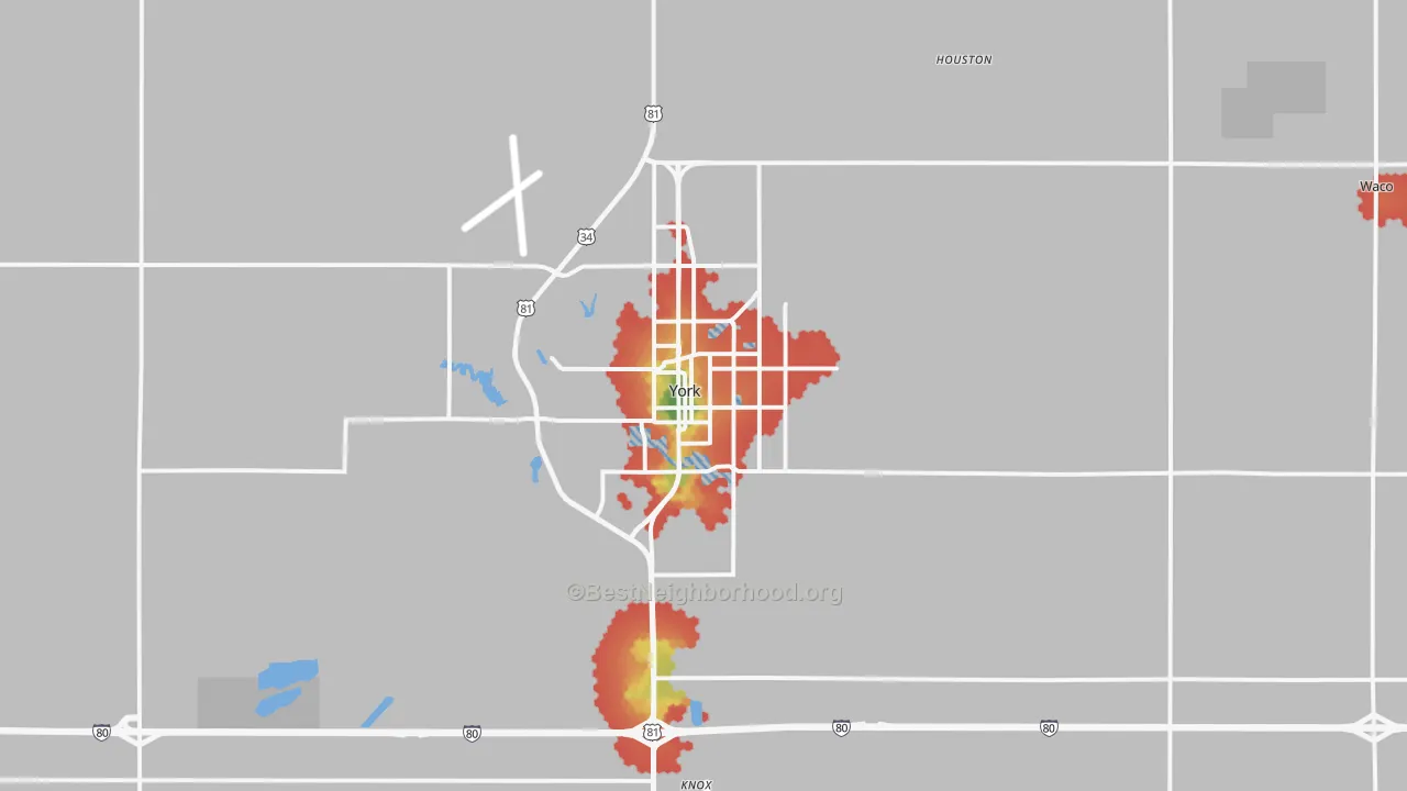 Walk Grade map of 68467, NE, walkable areas in green and car-dependent areas in red