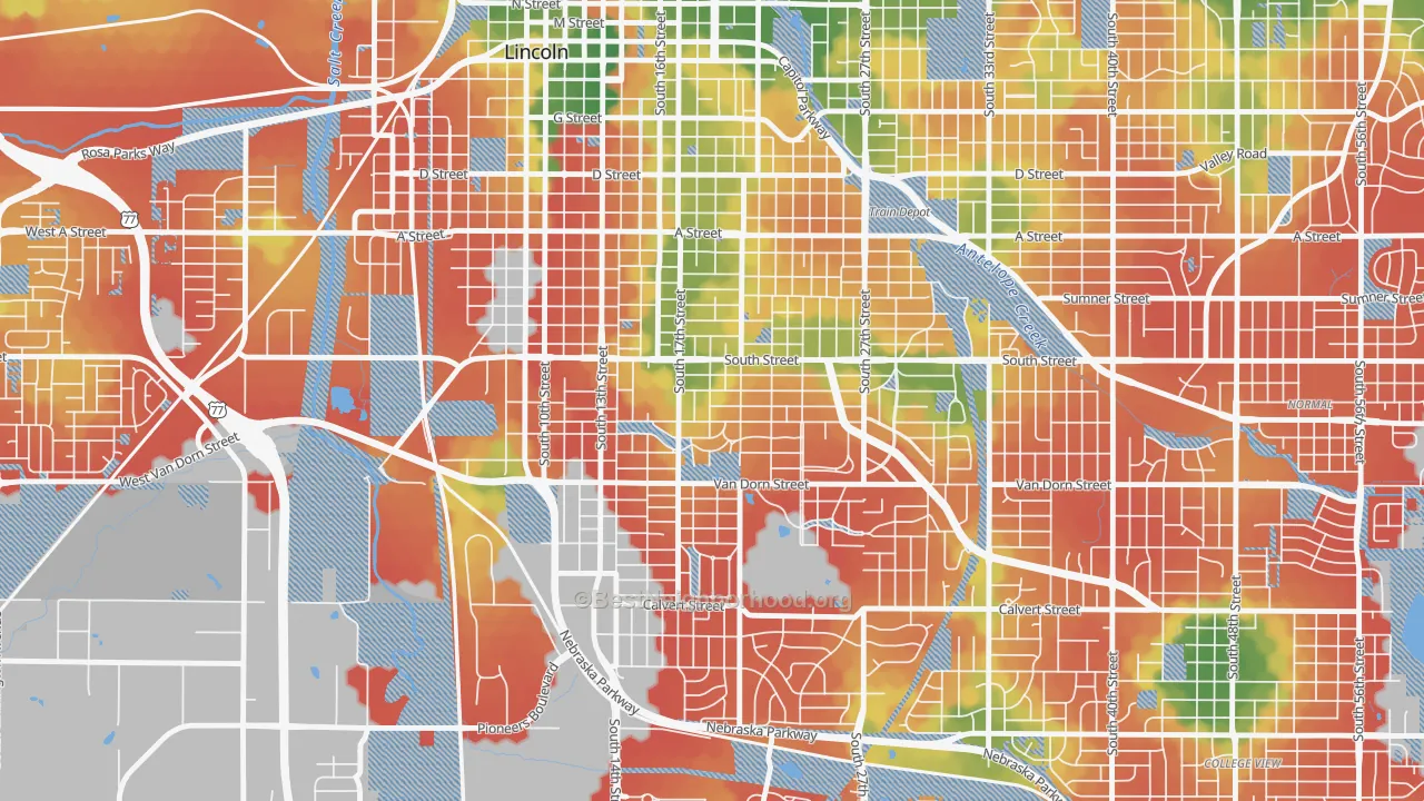 Walk Grade map of 68502, NE, walkable areas in green and car-dependent areas in red
