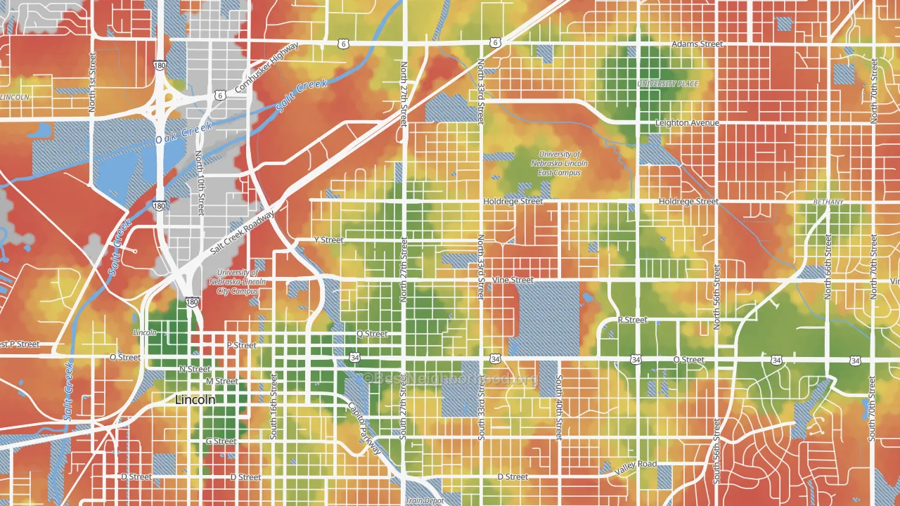 Walk Grade map of 68503, NE, walkable areas in green and car-dependent areas in red