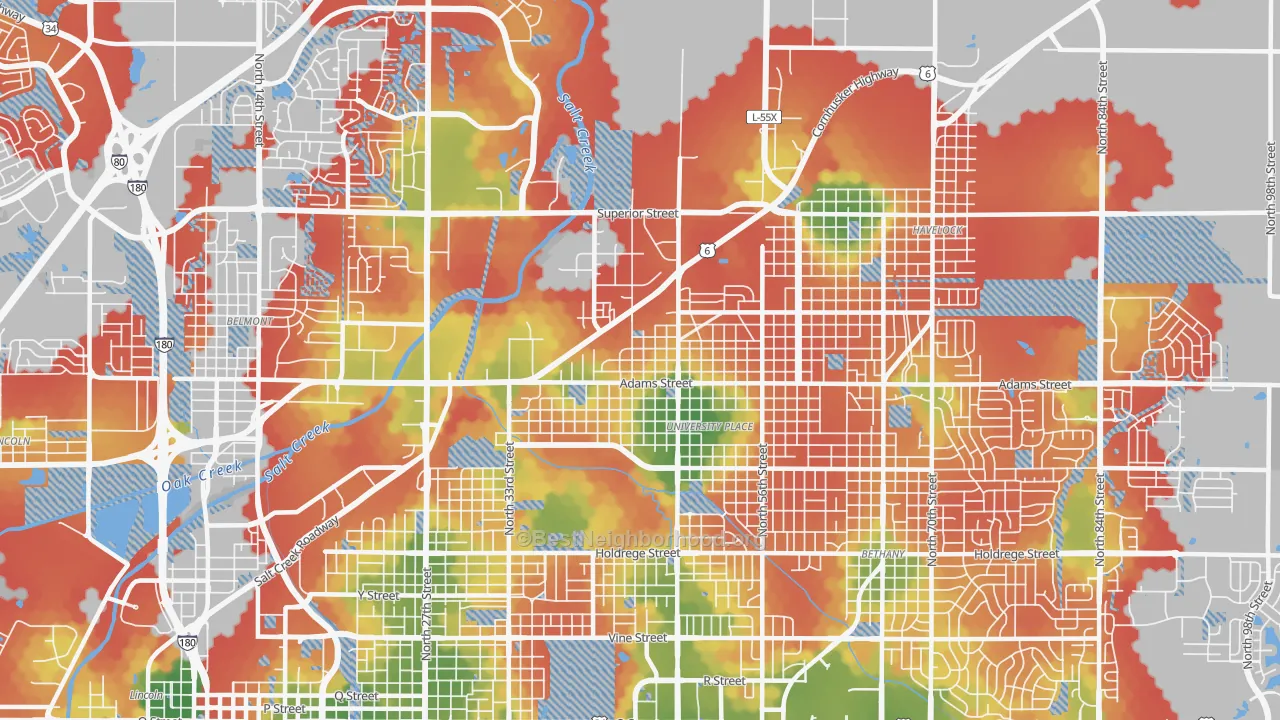 Walk Grade map of 68504, NE, walkable areas in green and car-dependent areas in red