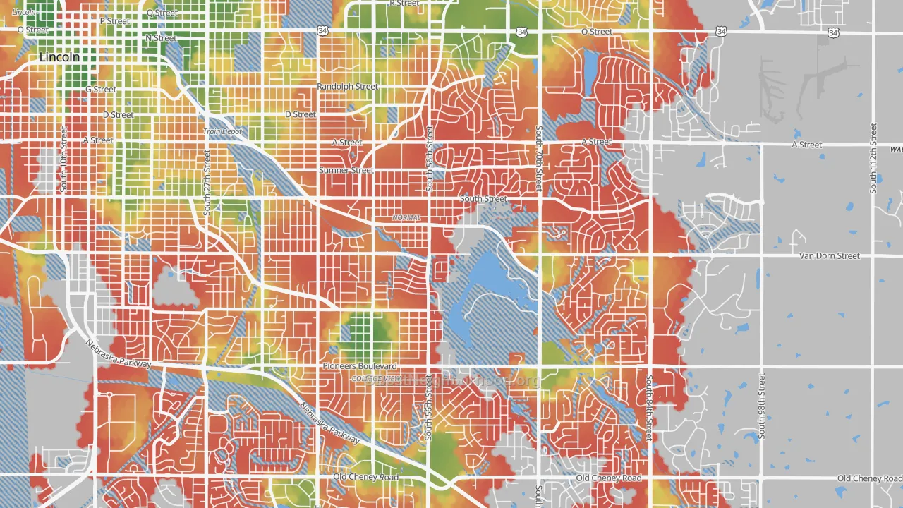 Walk Grade map of 68506, NE, walkable areas in green and car-dependent areas in red