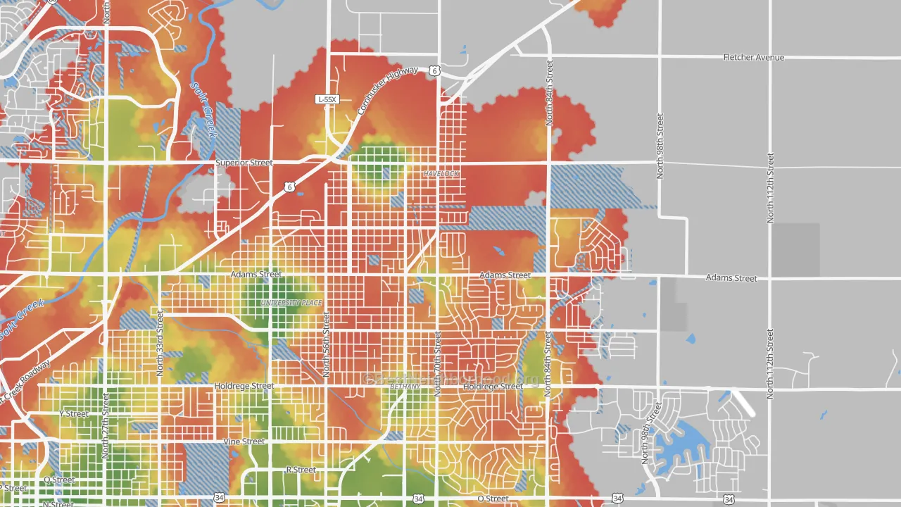 Walk Grade map of 68507, NE, walkable areas in green and car-dependent areas in red