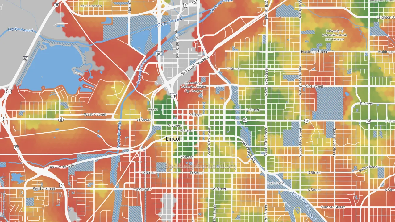 Walk Grade map of 68508, NE, walkable areas in green and car-dependent areas in red