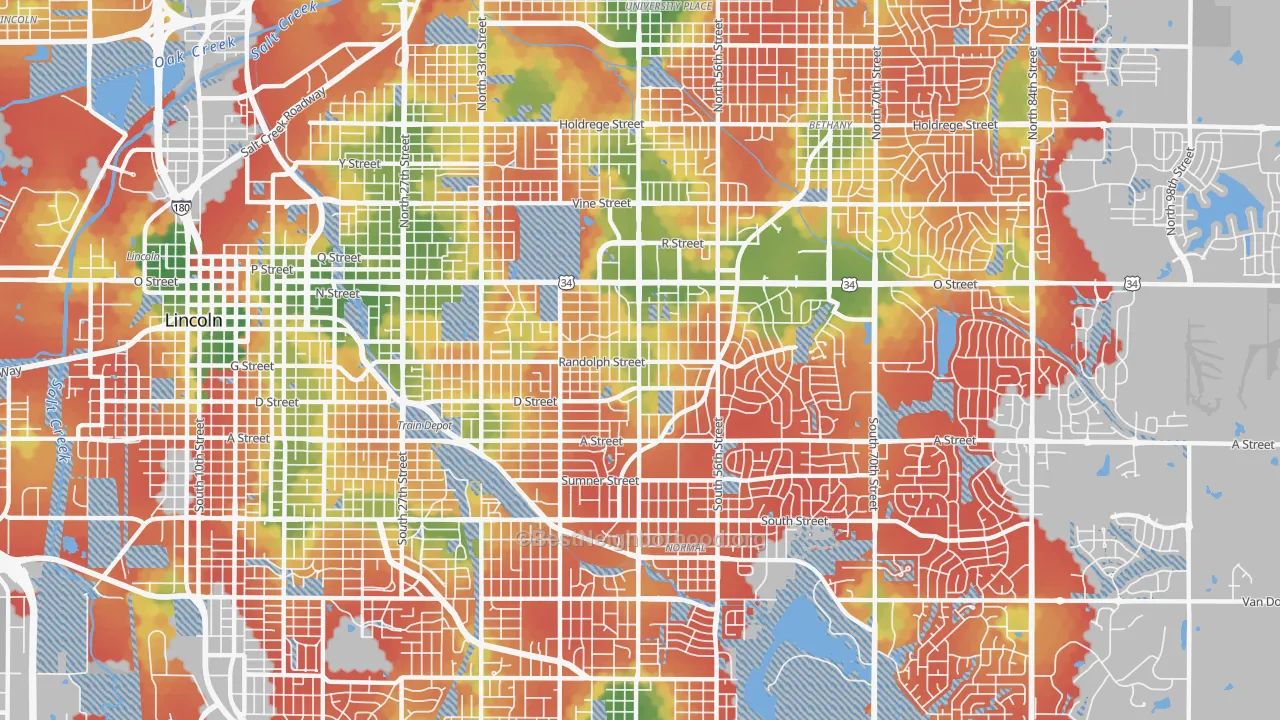 Walk Grade map of 68510, NE, walkable areas in green and car-dependent areas in red