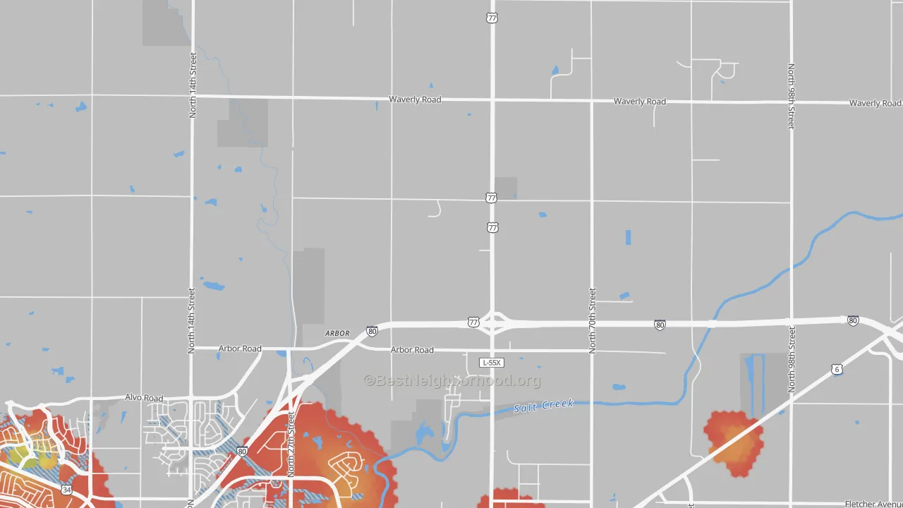 Walk Grade map of 68514, NE, walkable areas in green and car-dependent areas in red