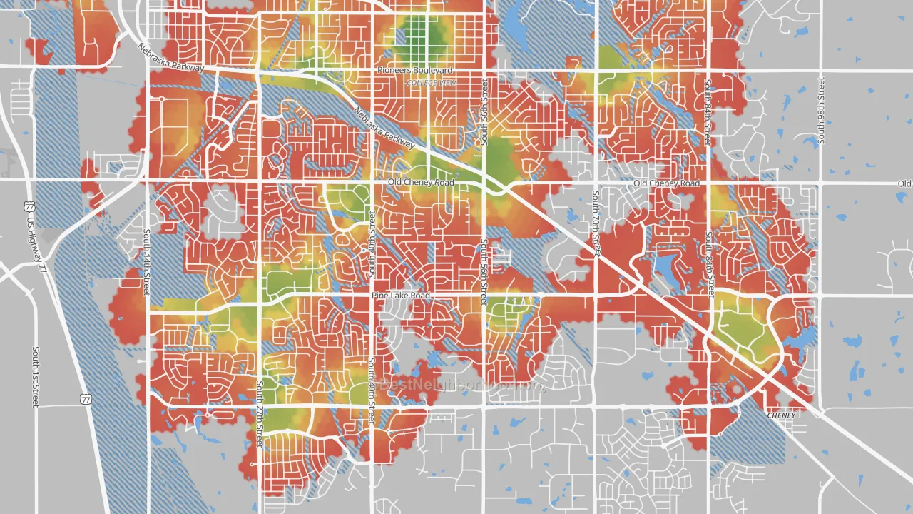 Walk Grade map of 68516, NE, walkable areas in green and car-dependent areas in red