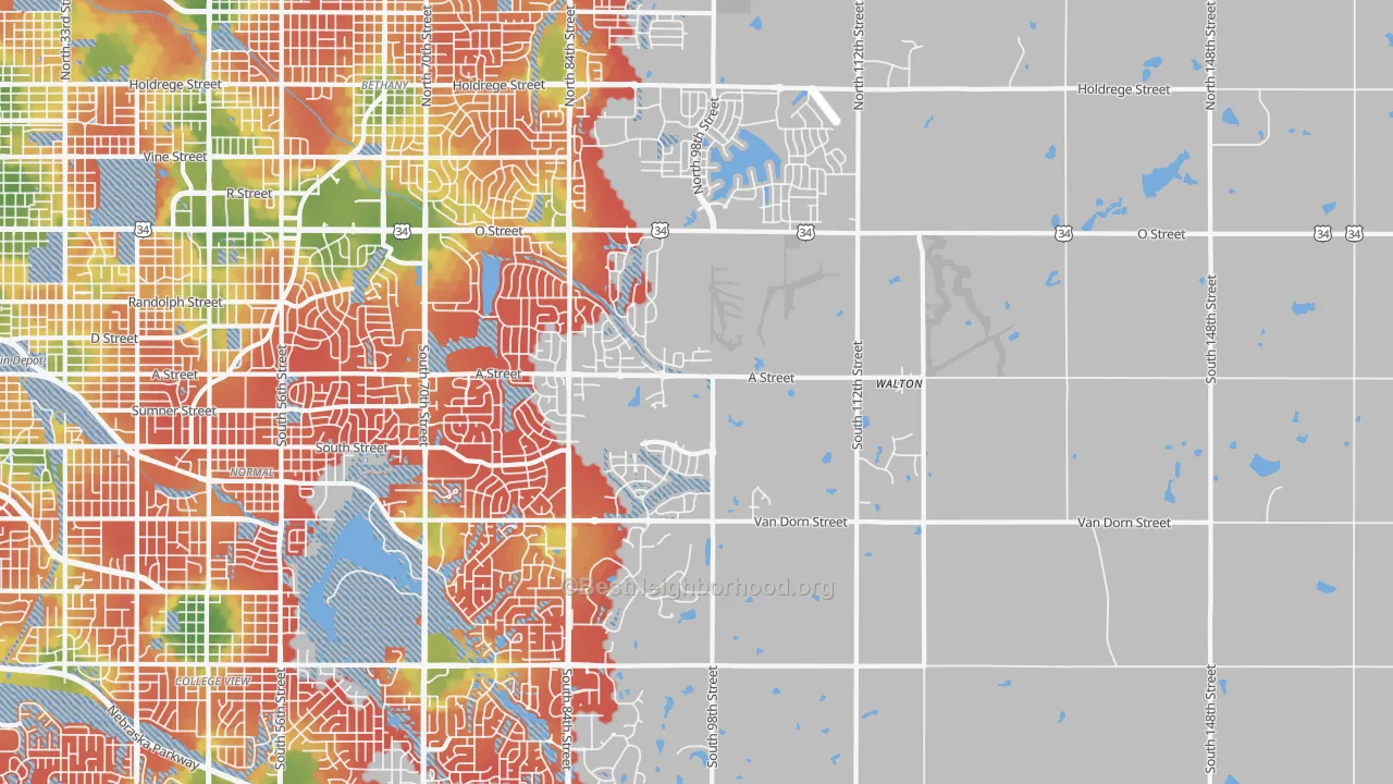 Walk Grade map of 68520, NE, walkable areas in green and car-dependent areas in red
