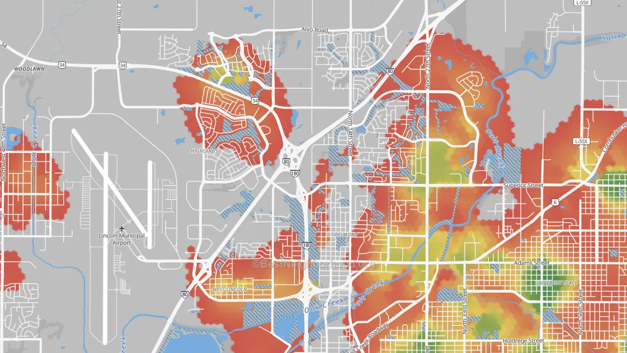 Walk Grade map of 68521, NE, walkable areas in green and car-dependent areas in red