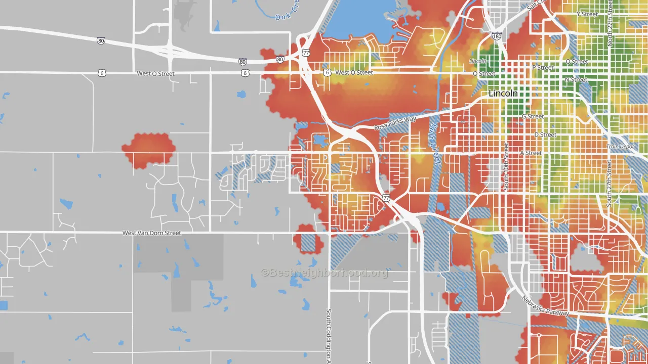 Walk Grade map of 68522, NE, walkable areas in green and car-dependent areas in red