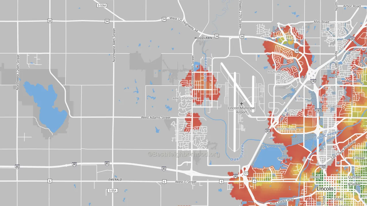 Walk Grade map of 68524, NE, walkable areas in green and car-dependent areas in red