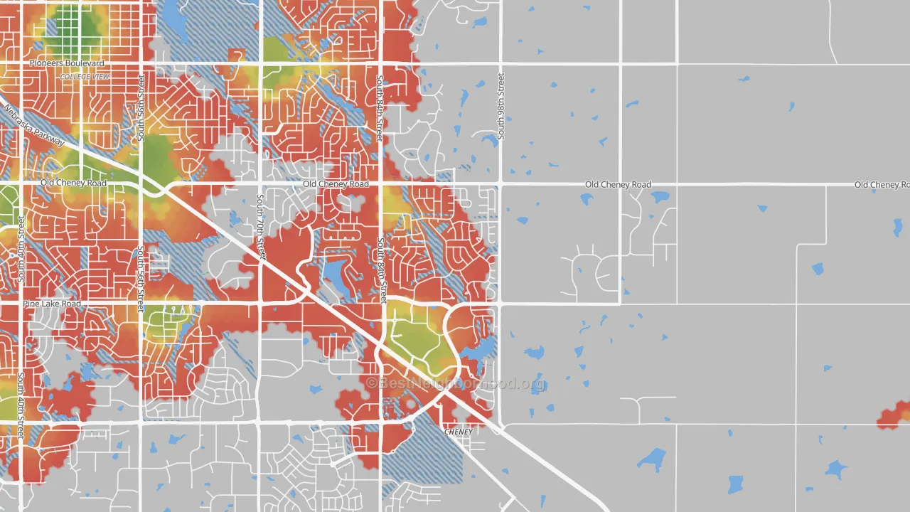 Walk Grade map of 68526, NE, walkable areas in green and car-dependent areas in red