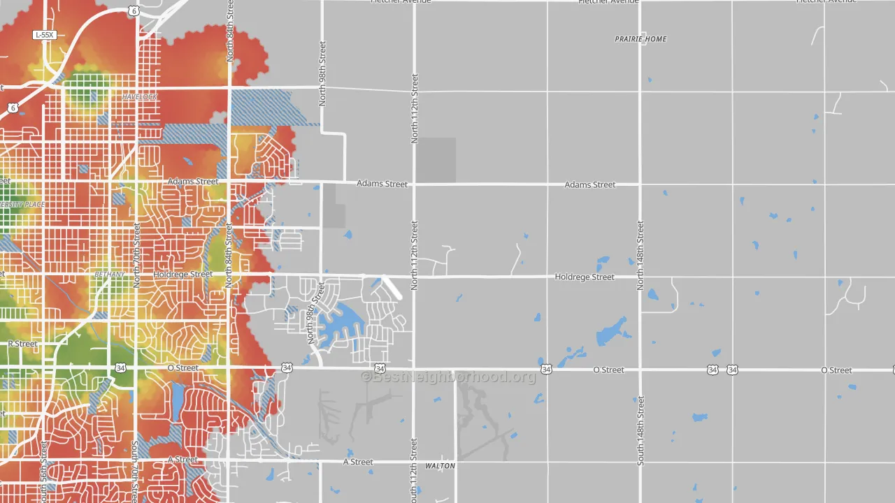 Walk Grade map of 68527, NE, walkable areas in green and car-dependent areas in red
