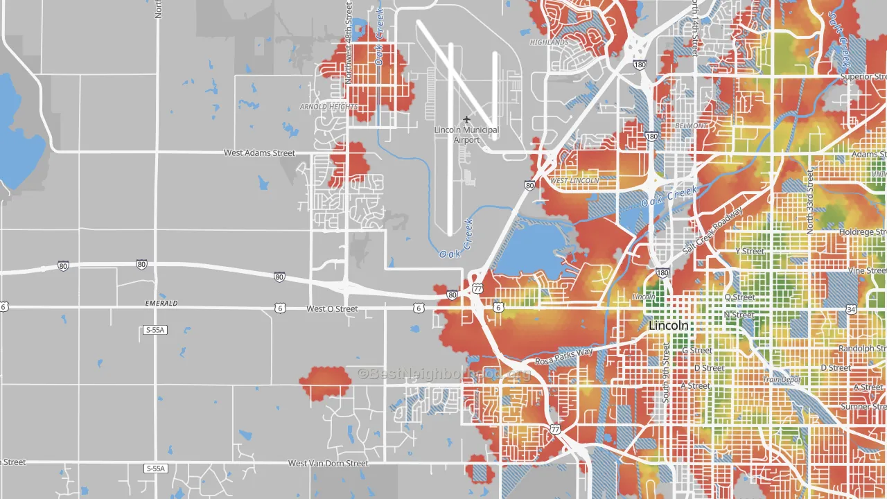 Walk Grade map of 68528, NE, walkable areas in green and car-dependent areas in red