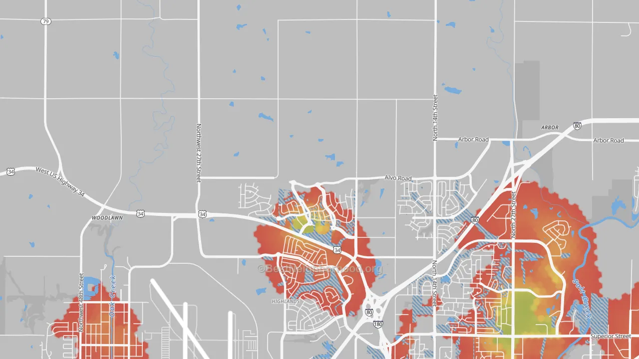 Walk Grade map of 68531, NE, walkable areas in green and car-dependent areas in red