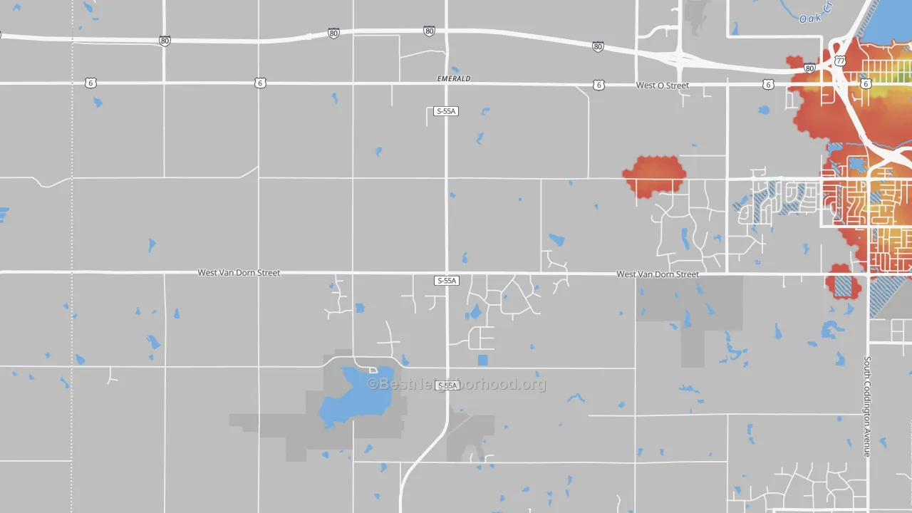 Walk Grade map of 68532, NE, walkable areas in green and car-dependent areas in red