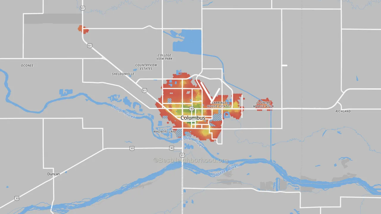 Walk Grade map of 68601, NE, walkable areas in green and car-dependent areas in red