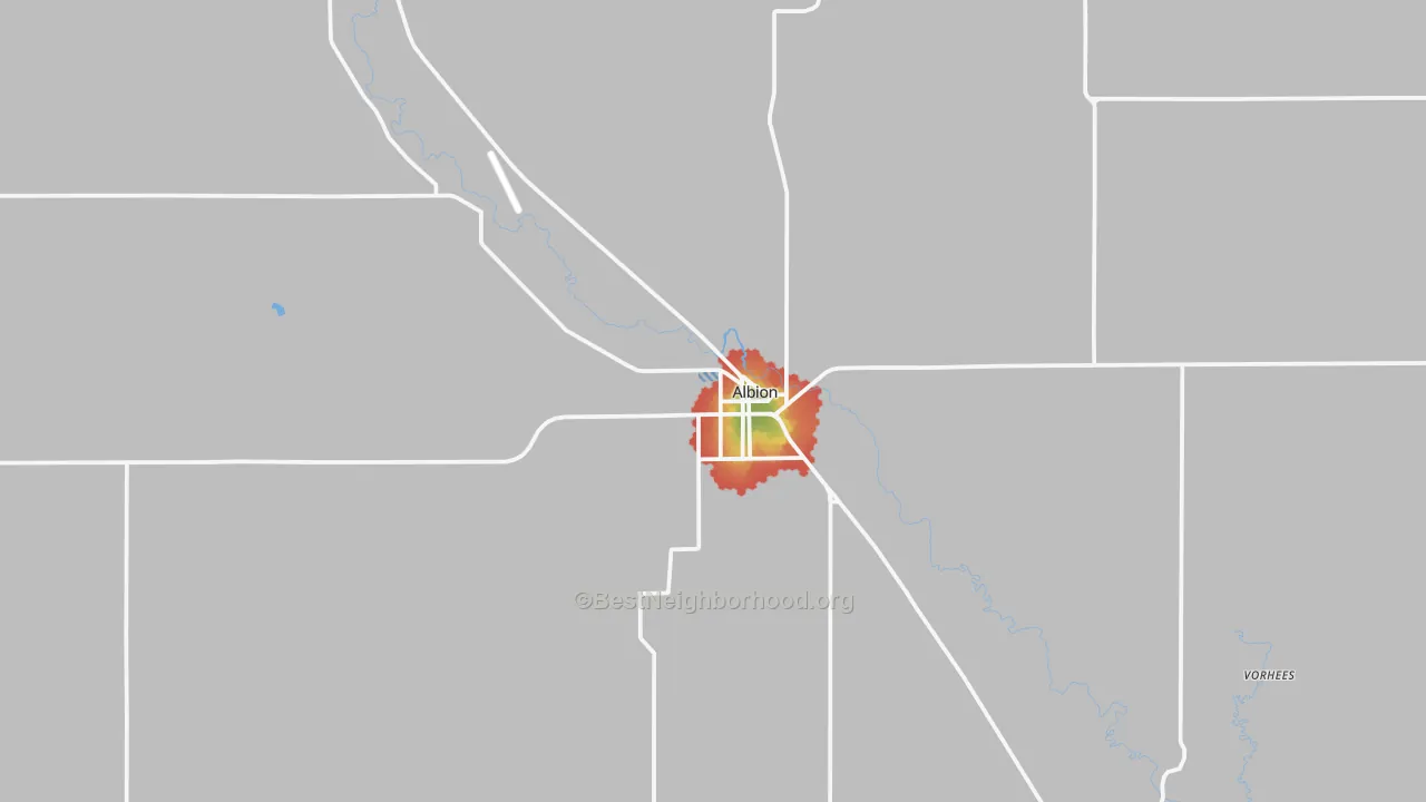 Walk Grade map of 68620, NE, walkable areas in green and car-dependent areas in red