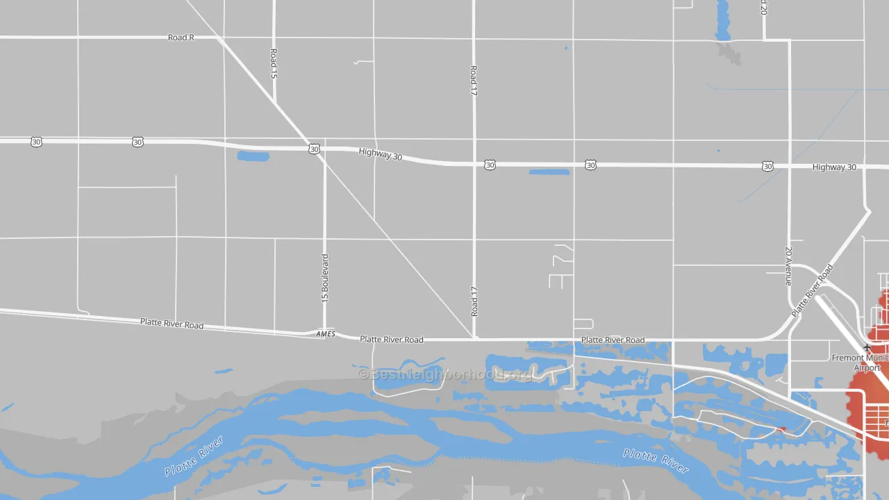 Walk Grade map of 68621, NE, walkable areas in green and car-dependent areas in red