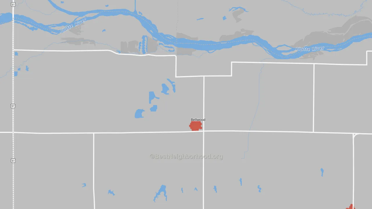 Walk Grade map of 68624, NE, walkable areas in green and car-dependent areas in red