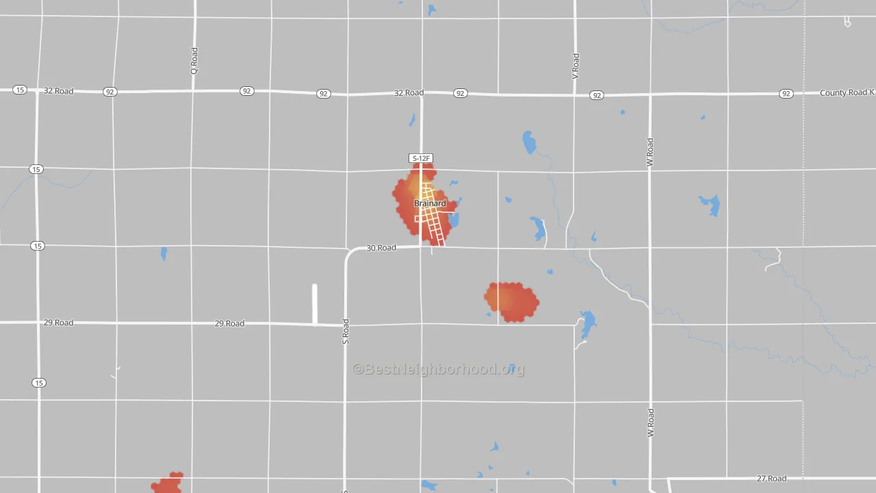 Walk Grade map of 68626, NE, walkable areas in green and car-dependent areas in red