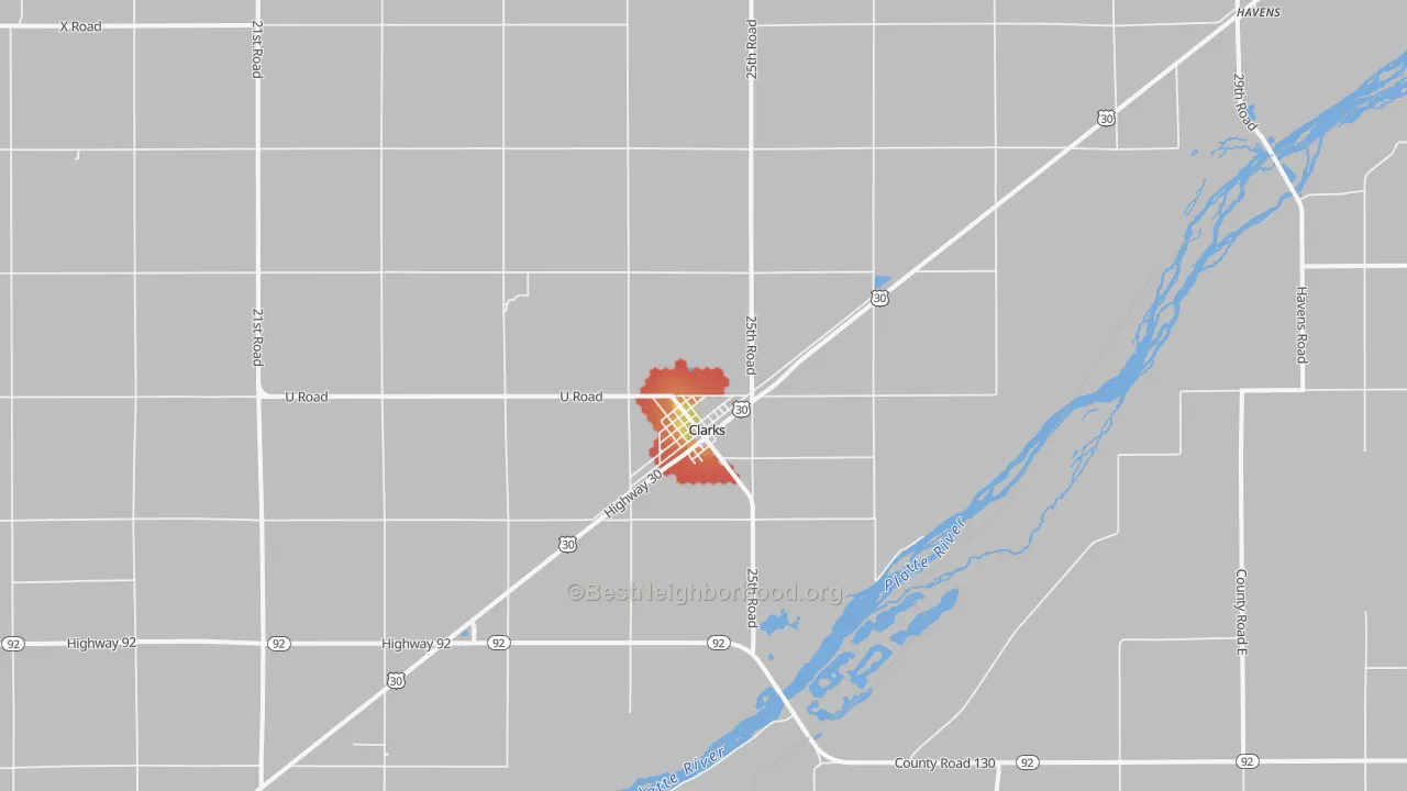 Walk Grade map of 68628, NE, walkable areas in green and car-dependent areas in red
