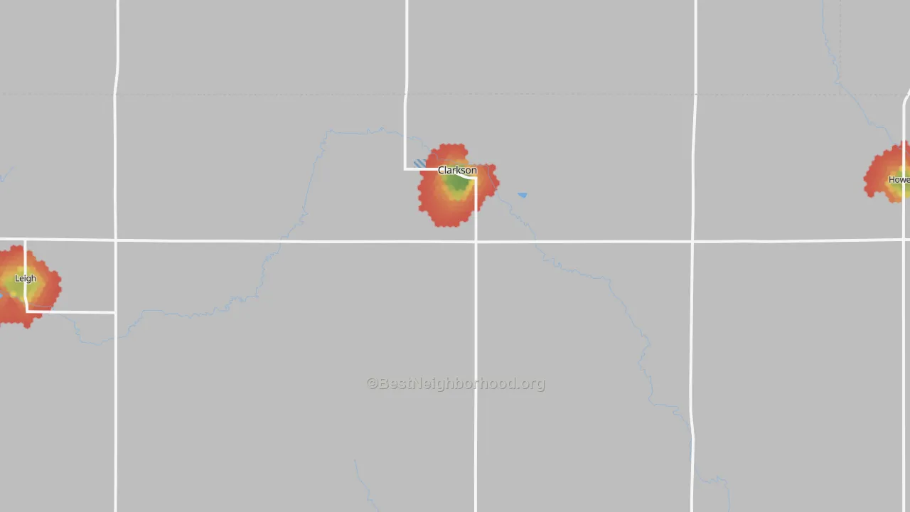 Walk Grade map of 68629, NE, walkable areas in green and car-dependent areas in red