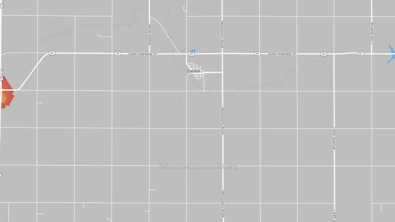 Walk Grade map of 68631, NE, walkable areas in green and car-dependent areas in red