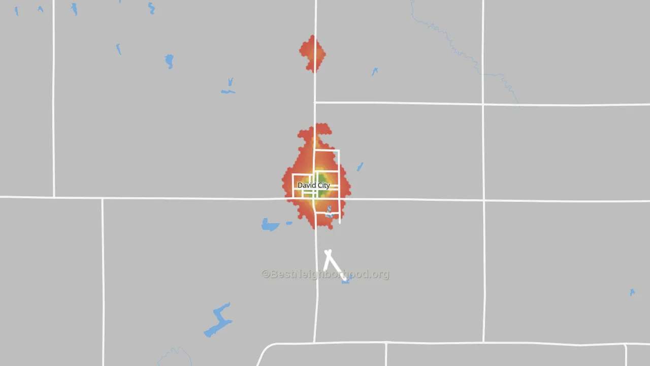 Walk Grade map of 68632, NE, walkable areas in green and car-dependent areas in red
