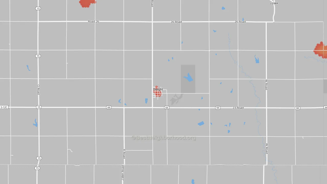 Walk Grade map of 68635, NE, walkable areas in green and car-dependent areas in red