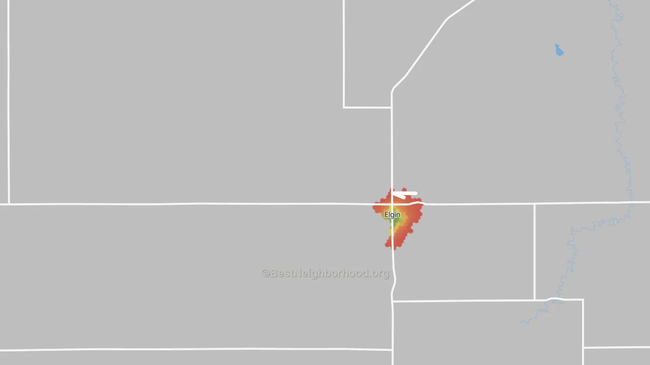 Walk Grade map of 68636, NE, walkable areas in green and car-dependent areas in red