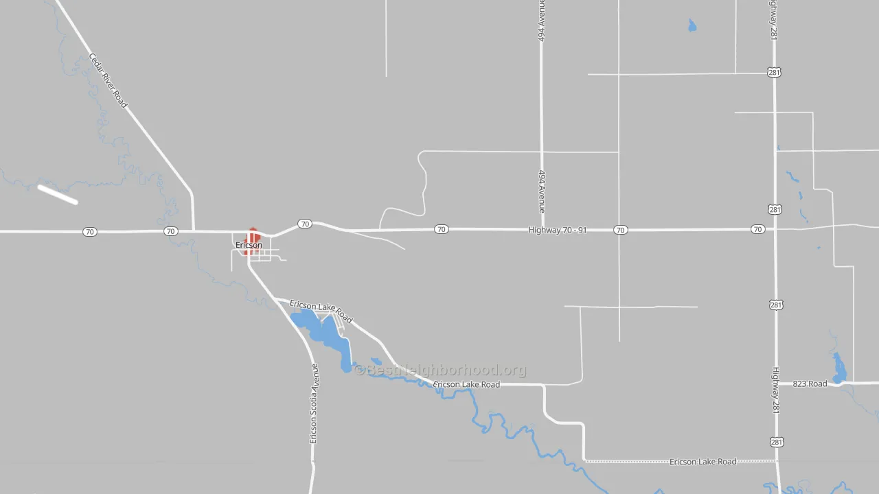 Walk Grade map of 68637, NE, walkable areas in green and car-dependent areas in red