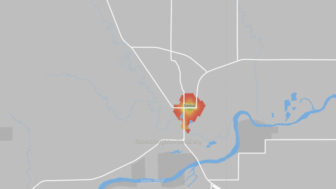 Walk Grade map of 68640, NE, walkable areas in green and car-dependent areas in red