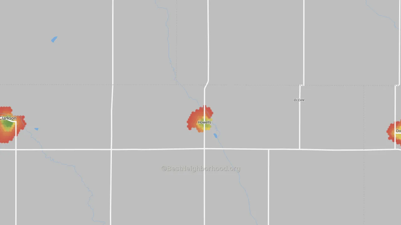 Walk Grade map of 68641, NE, walkable areas in green and car-dependent areas in red
