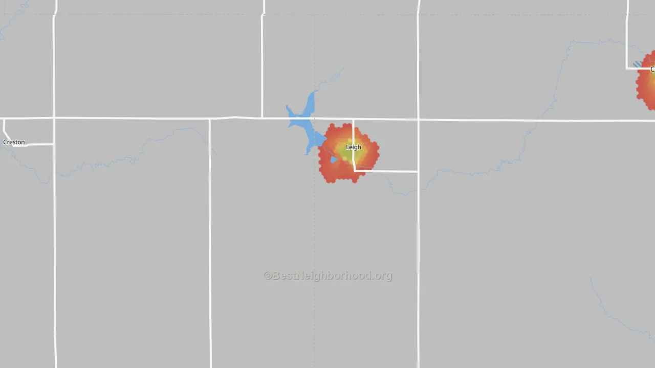 Walk Grade map of 68643, NE, walkable areas in green and car-dependent areas in red