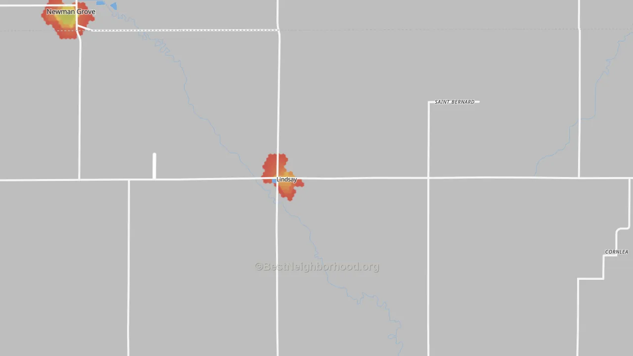 Walk Grade map of 68644, NE, walkable areas in green and car-dependent areas in red