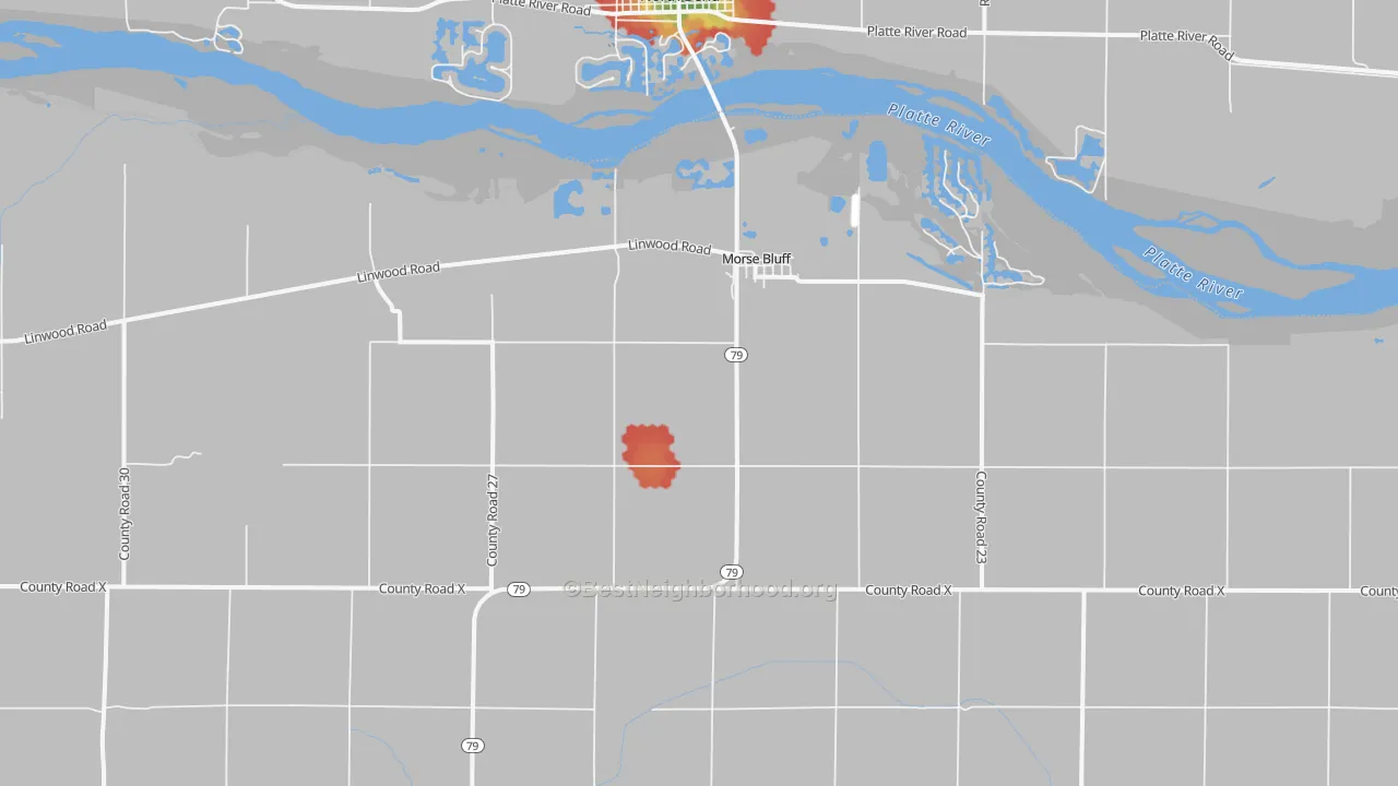 Walk Grade map of 68648, NE, walkable areas in green and car-dependent areas in red