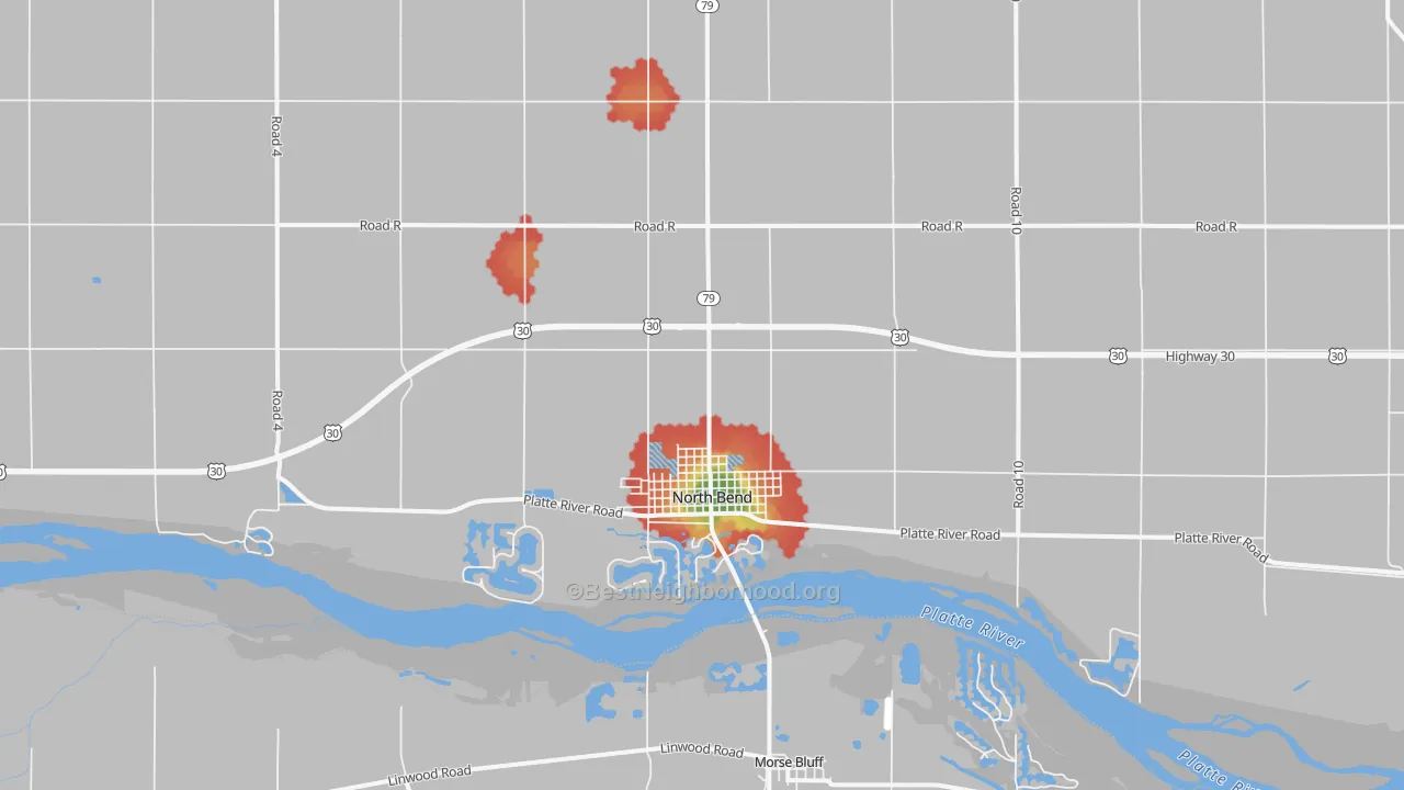Walk Grade map of 68649, NE, walkable areas in green and car-dependent areas in red