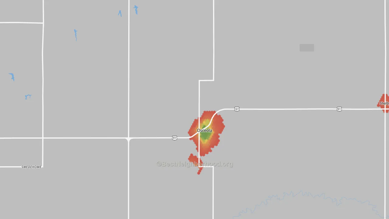 Walk Grade map of 68651, NE, walkable areas in green and car-dependent areas in red