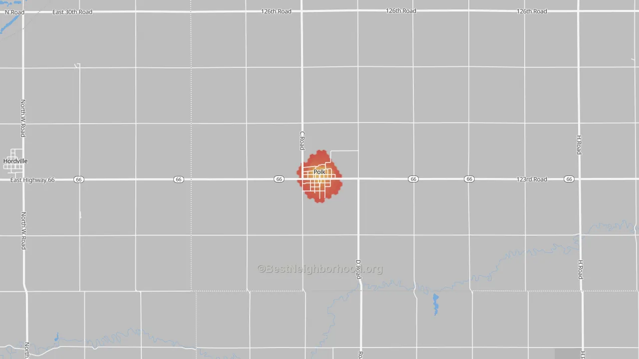 Walk Grade map of 68654, NE, walkable areas in green and car-dependent areas in red