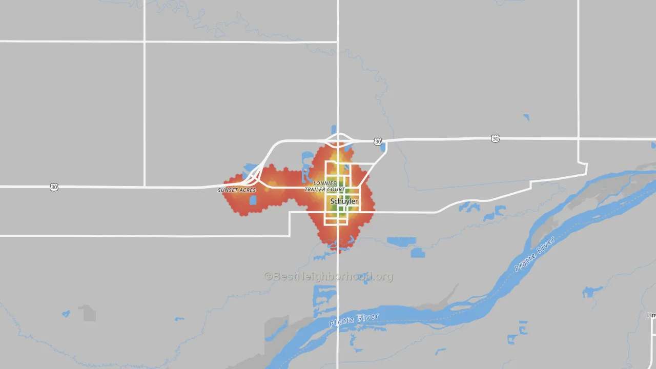 Walk Grade map of 68661, NE, walkable areas in green and car-dependent areas in red