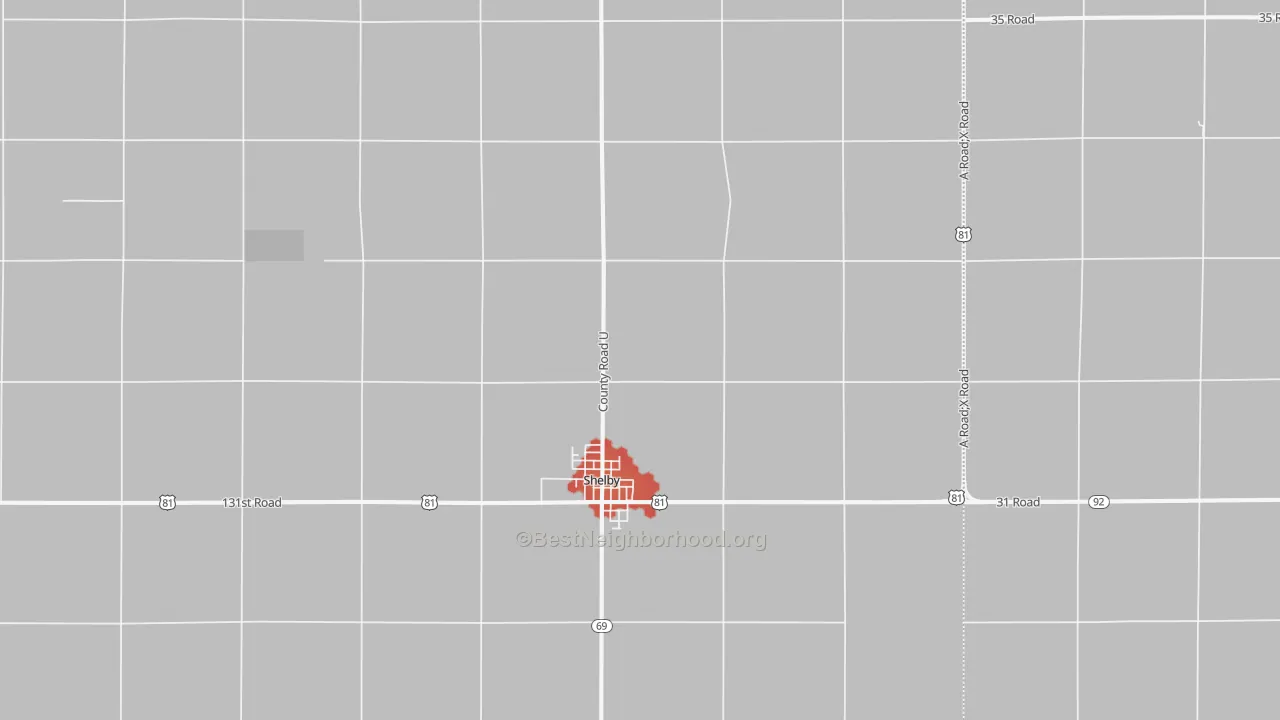 Walk Grade map of 68662, NE, walkable areas in green and car-dependent areas in red